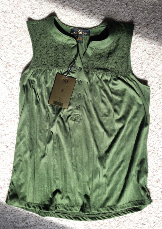 NEW 80 Park Women's Top Dark Olive Green Size Small S Henley with Lace pleated