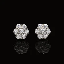 14K White Gold Round Flower Cluster Stud Earrings 6mm with 0.80CT Gem Accents