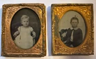 2 Civil War Era Ambrotype Children Portraits Boy Girl Gem Size Brass Mat