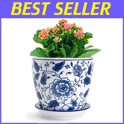 Chinoiserie Ceramic Planters 8'' Blue and White