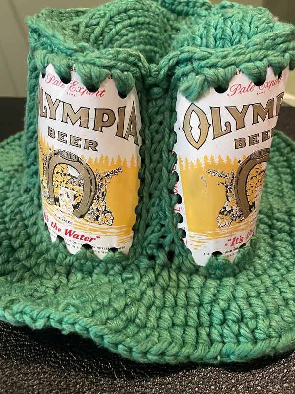 Vintage Beer Can Hat Crochet Knit  Olympia  1970's Original - Get on Down!