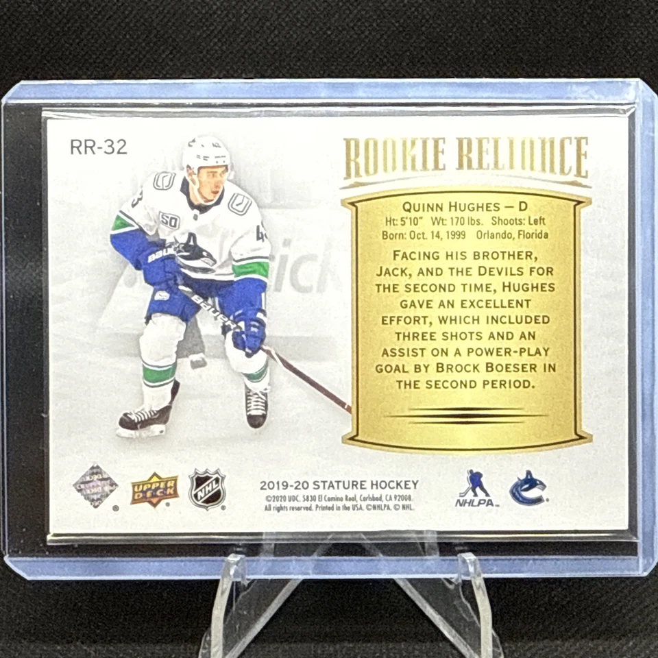 2019-20 UD Stature Quinn Hughes Rookie Reliance Red /45 RC #RR-32 Canucks - Image 2 of 4