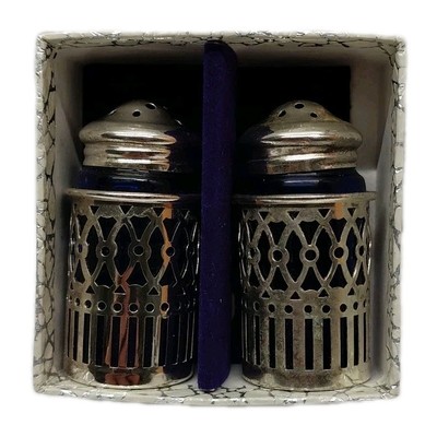 Old Vintage Cobalt Blue Glass Inserts Silver Plate Filigree Salt Pepper Shaker 