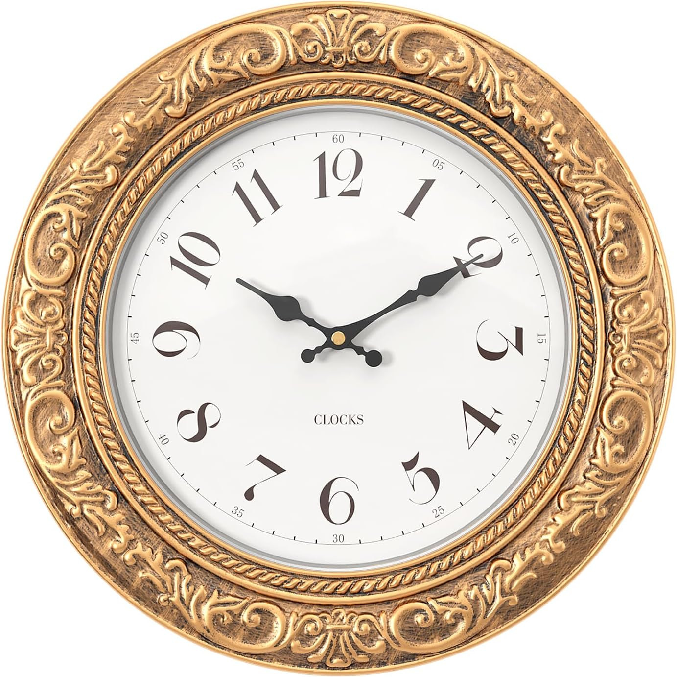 European Vintage Decorative Wall Clock, 12" Antique Gold Style, Battery Operated