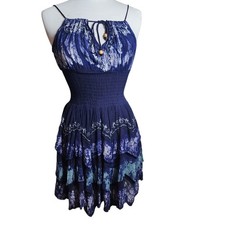Batik Tie Dye Smocked Tiered Mini Dress Blue White Boho Rayon One Size