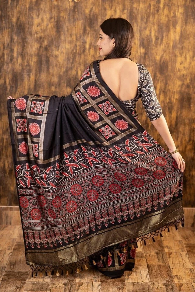 Women Soft Pashmina Traditional Saree Indian Designer Sari with Unstitch Blouse - Image 2 of 4