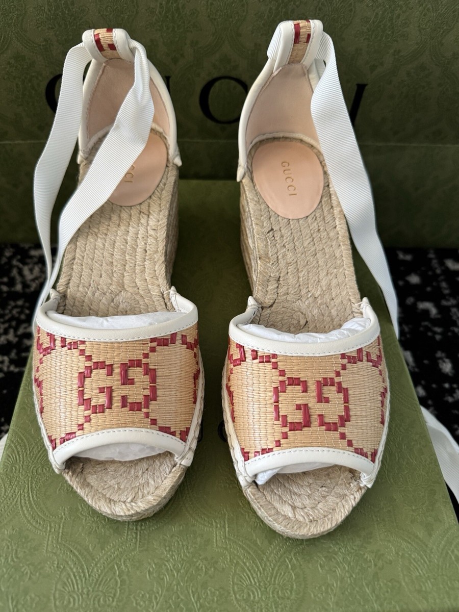 GUCCI GG柄 ウェッジソール サンダル GUCCI SHOES RAFFIA WEDGE ESPADRILLES WRAP AROUND G LOGO SANDALS G