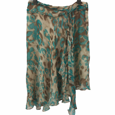 Milly Leopard Print Silk Skirt Womens Size 4 Teal Tan Asymmetric Hem