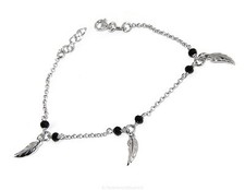 Bracciale Vero Argento 925 • Tipo Rosario • Cristallo Nero • Ciondoli Foglia