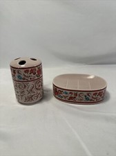 2 Piece Vtg Ceramic Pink Floral Bathroom Vanity Set Of 2 Toothbrush Soap Holder