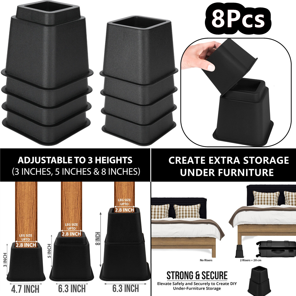 8Pcs Furniture Raisers Adjustable Bed Chair Sofa Riser Feet Lift Set 4