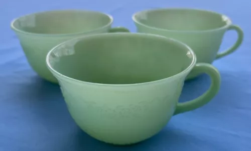 THREE Anchor Hocking Fire-King Alice Jadeite Cups