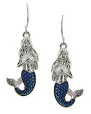 NEW Beach Ocean Under The Sea Blue Iridescent Mermaid Silver Tone Drop Earrings