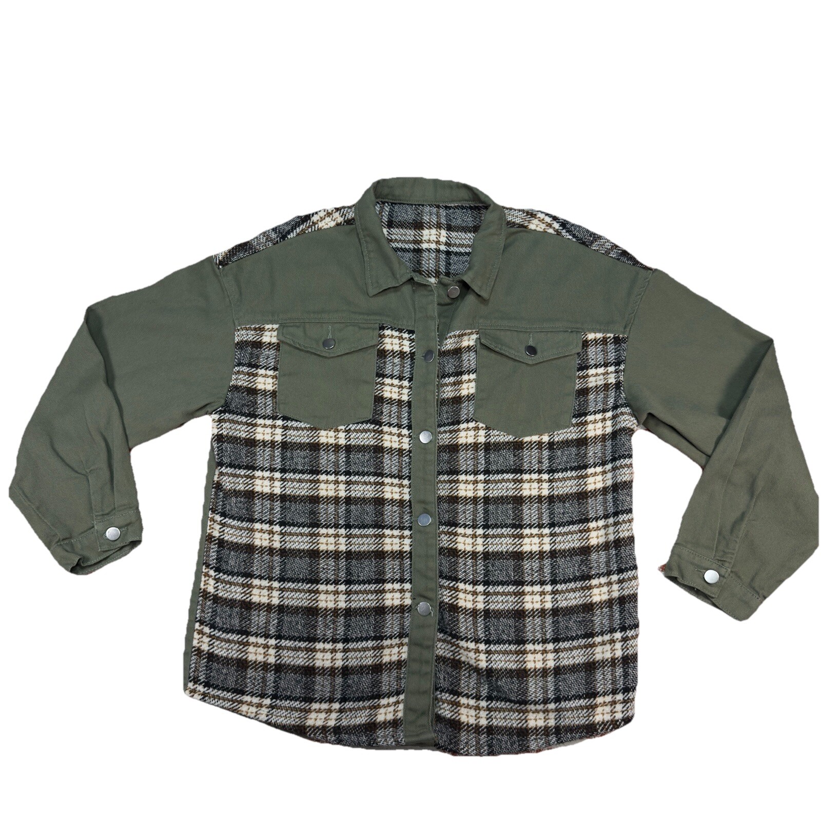Womens Large Plaid Patchwork Jacket Military Gree… - image 1