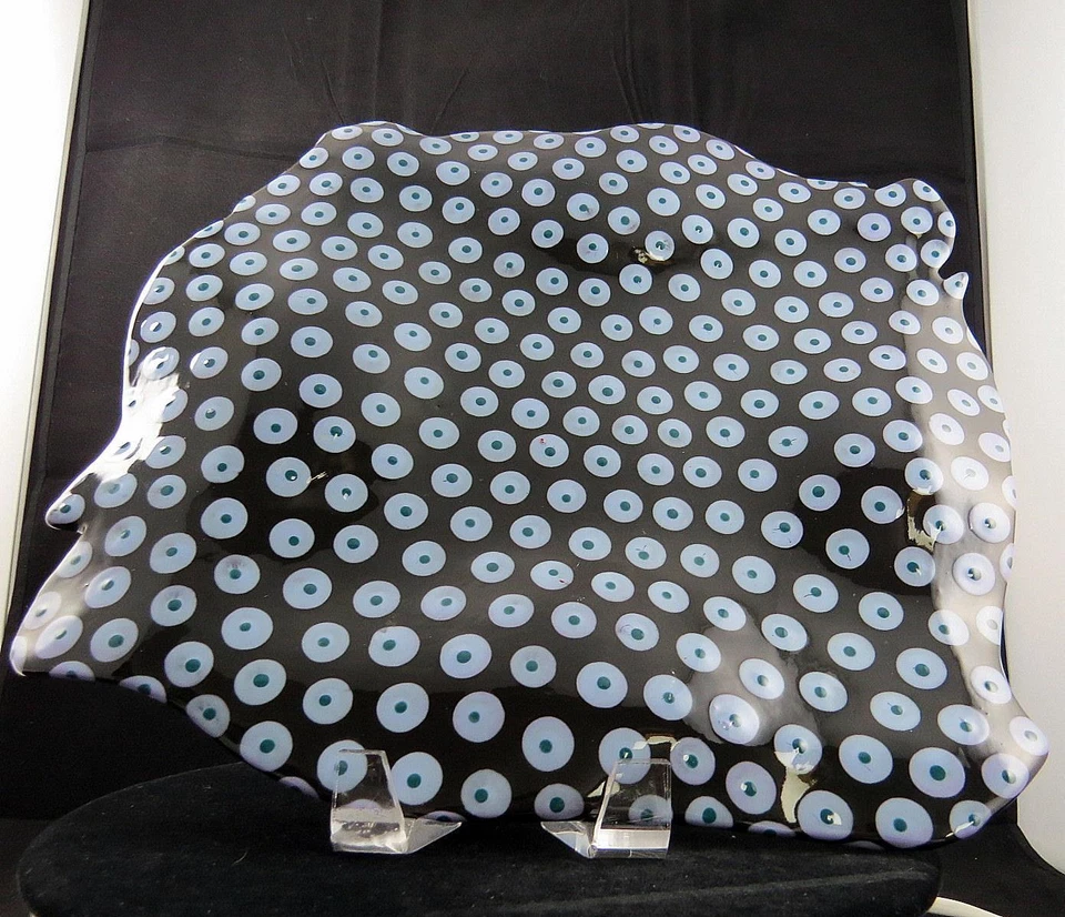 LARGE FREE FORM PORCELAIN BLACK BLUE & GREEN ENAMEL DOTS 13" WAVEY PLATTER - Image 3 of 4