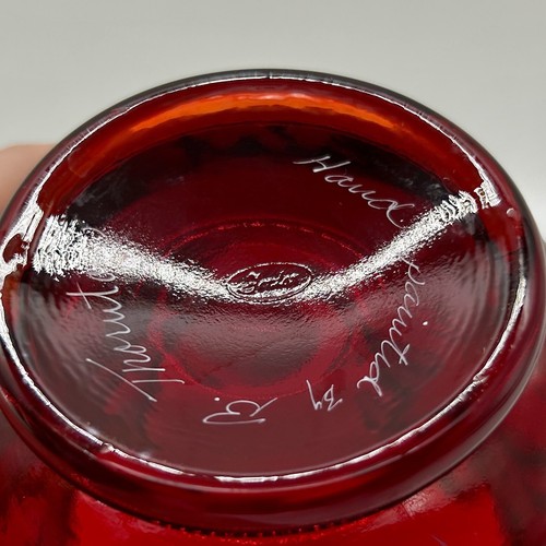 Fenton Ruby Red Ruffled Edge Rose Bowl Vase Hand Painted Artist Signed - Picture 4 of 6