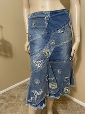 Women  s Blue Denim Cotton Casual Beaded Embroidery Boho Size M 6-8 Skirt 3133