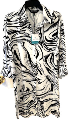 NWT $250 Ming Wang Mini Shirt Dress sz S Black White Button Down  Blouse