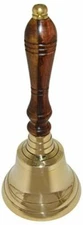 Large School Bell, Polished Brass Metal Handbell, Gold Color with Wooden Handle