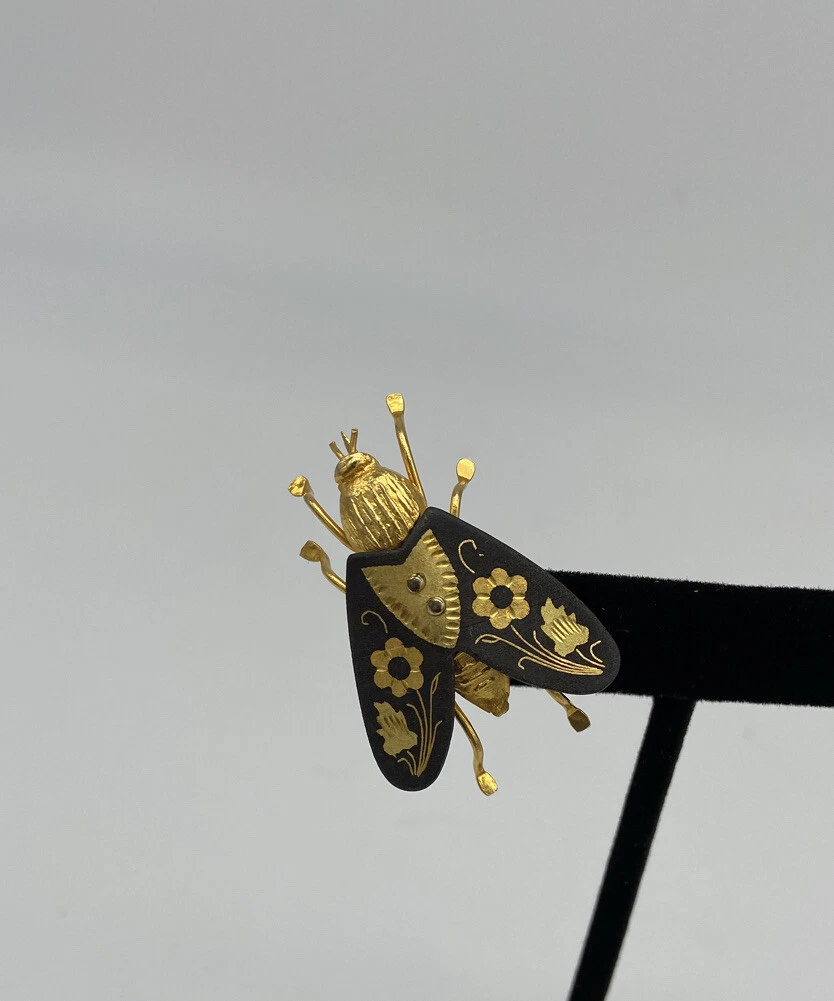 Vintage Damascene Fly Brooch. Gold leaf pin. Toledo Spain. Bug jewelry