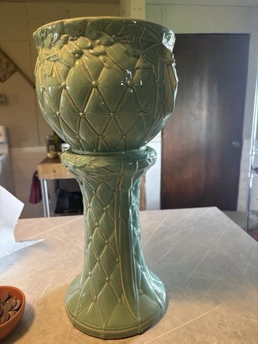 Large 20” McCoy USA Aqua Green Basket Weave Pedestal Planter Jardiniere 2940s