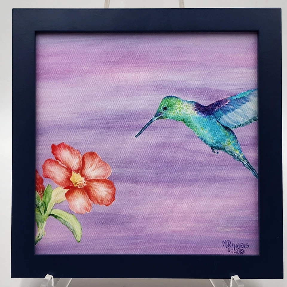 Arte enmarcado en lienzo firmado con impresión de giclee flor colibrí Melanie Rehberg 9"x9" Foto 4 de 4