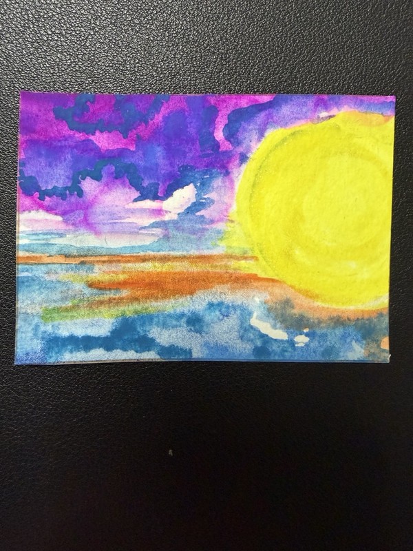 ACEO, Abstract Seascape Sunset, watercolor Painting, Art card, original, OOAK.