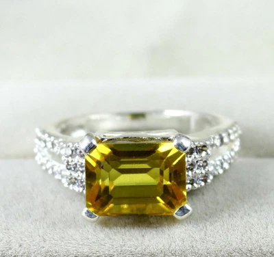 Bague naturelle certifiée pierre précieuse saphir jaune taillée émeraude... - Photo 1/4