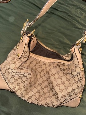 GUCCI Monogram JOCKEY Hobo Handbag Purse Bag Metallic Gray Gold