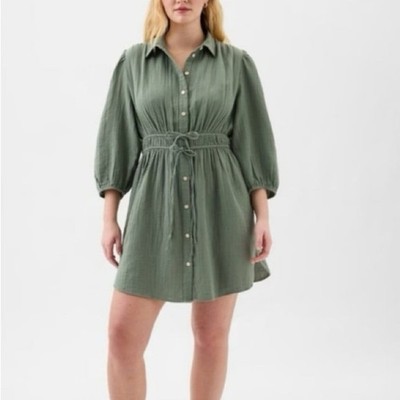 Gap crinkle gauze Green Button front Dress NWT L casual everyday comfort