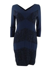 Lauren Ralph Lauren Women's Petite Lace-Contrast Jersey Sheath Dress (6P, Navy)