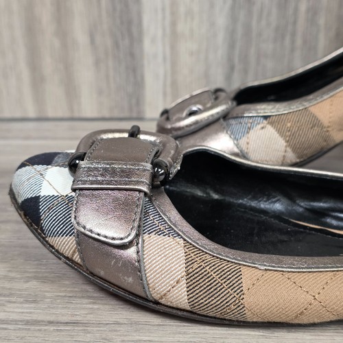 BURBERRY Check Ballet Flats Pumps UK 7.5 EUR 40.5 Metallic Buckle Italy Beige - Picture 6 of 23