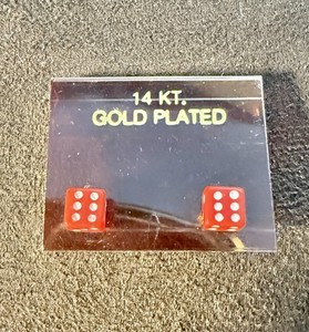 Authentic Vintage 1970s 14K Gold Plated Small Red Dice Stud Earrings