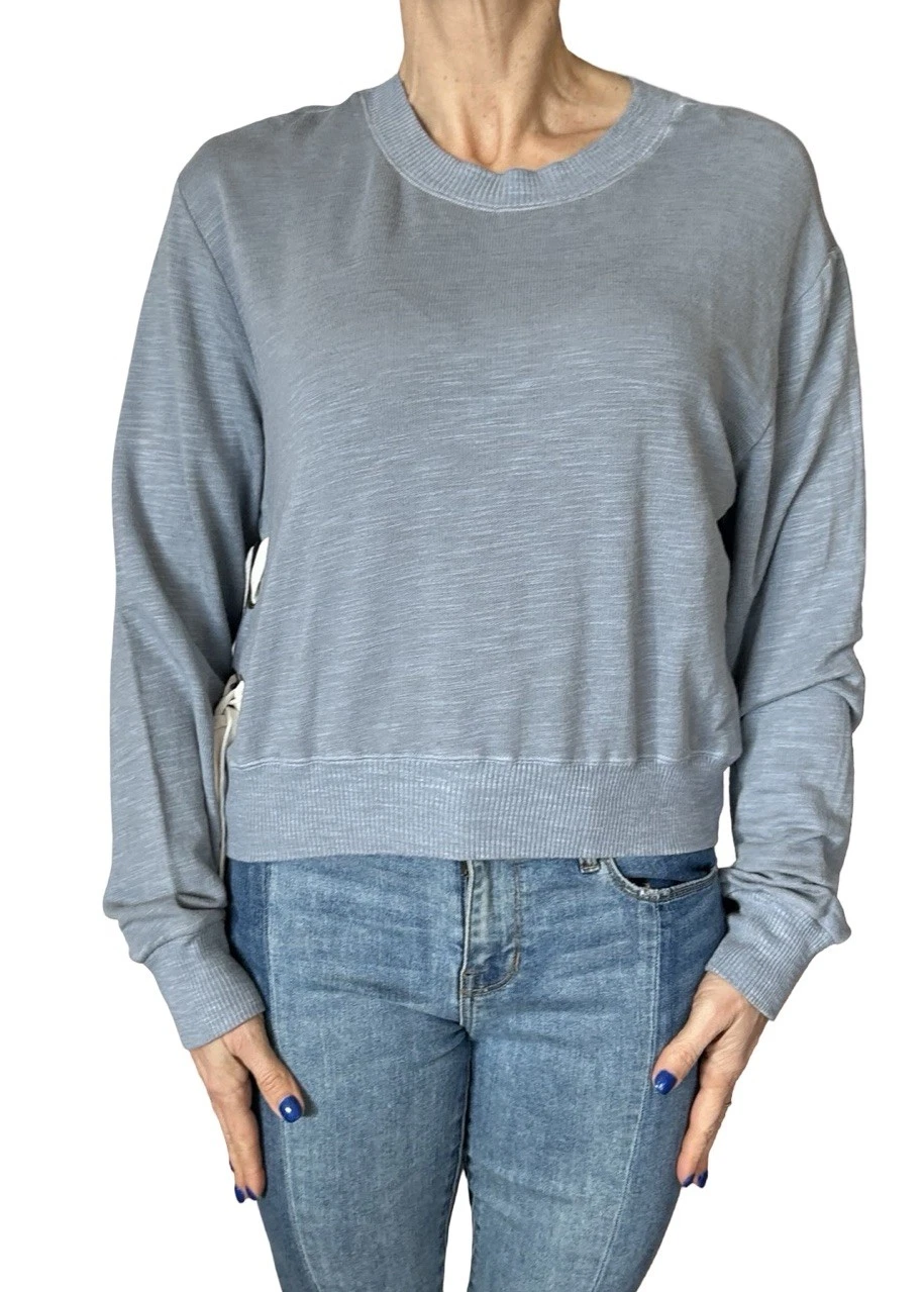 Monrow Gray Pullover Knit Cropped Sweater Sweatshirt Side Ties Crew Neck Large