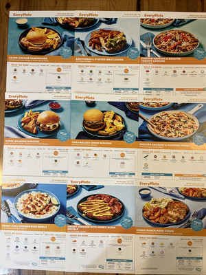 Qty 9 EVERY PLATE Recipe Cards Lunch Dinner- MIXED Burger Meatloaf Penne Chops