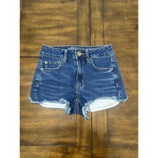 American Eagle Hi-Rise Shortie Denim Shorts Dark Wash Frayed Hem Size 4