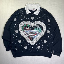 VTG Nutcracker Women XL Sweatshirt Black Lace Collar Heart Winter Scene USA Snow