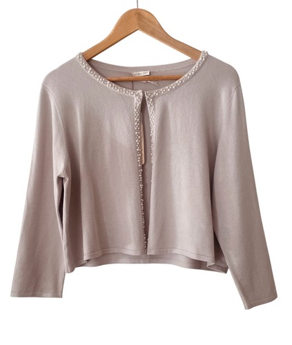Jacques Vert Grey Cropped Cardigan Shrug Beaded Pearl Trim 3/4 Sleeve Size Large