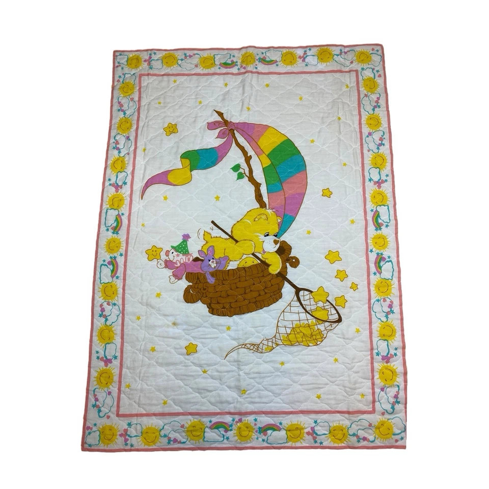 Винтажное детское одеяло 90-х Care Bears желтое солнечный медведь кроватка стеганое одеяло хлопок 44 дюйма x 35 дюймов - Изображение 2 из 4