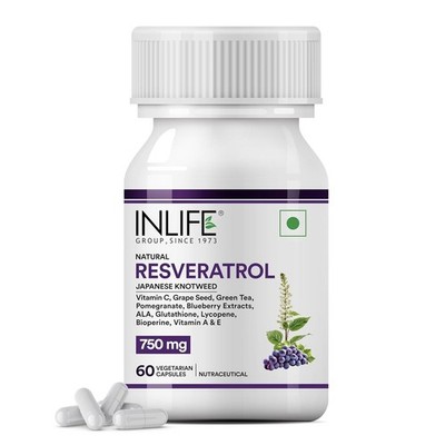 INLIFE Resveratrol 750mg  Antioxidant Heart Skin Lycopene Vit E & C - 60 Caps