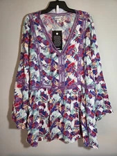 Avenue Women's Size 26/28 Blouse Boho Print Bell Sleeves V-Neck Floral NWT