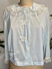 VTG 60'S STELLA FAGIN BLUE NYLON LACE BUTTERFLY TRIM PJ PAJAMA TOP BED JACKET S