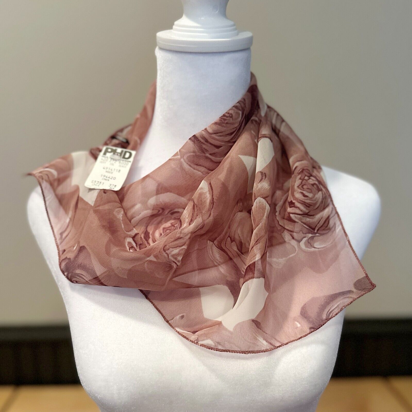 NWT PHD Paul Harris Design Sheer Neck Scarf with Dusty Rose Pink Roses ~ 18x18