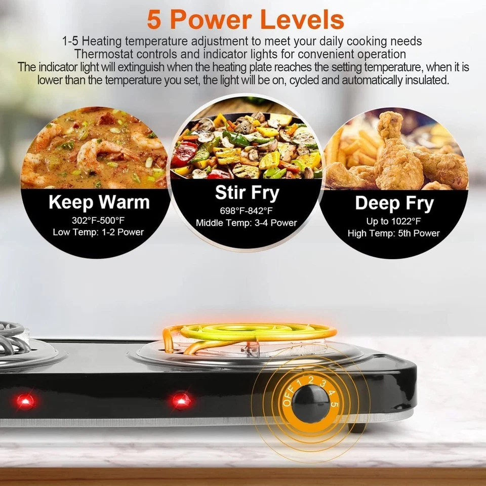 Portable Electric Double Coil Burner with Dual Control&5 Level Temperature 2000W - Image 4 of 4