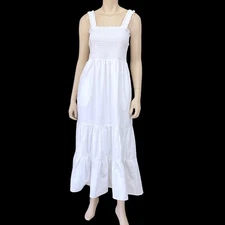MSK Petite Dress Womens Large White Long Cotton Tiered Summer Smocked Maxi NWOT