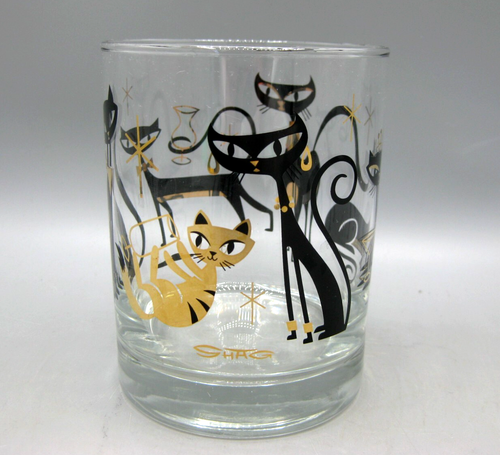 Shag Black Cat Kitty Cocktail Party Old Fashioned Tumbler Drink Glass Black Gold