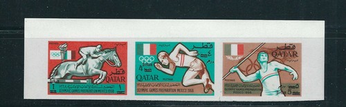 QATAR 1966 OLYMPICS REVALUED strip (Scott 120a IMPERF, one strip only) VF MNH
