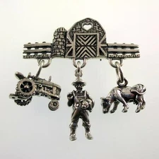Sterling Silver FARM PIN Tractor FARMER Cow PIG Brown County Silver BARN Brooch
