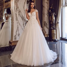 Beads Appliques Wedding Dress V Neck Cap Sleeve Sweep Train Backless Bridal Gown