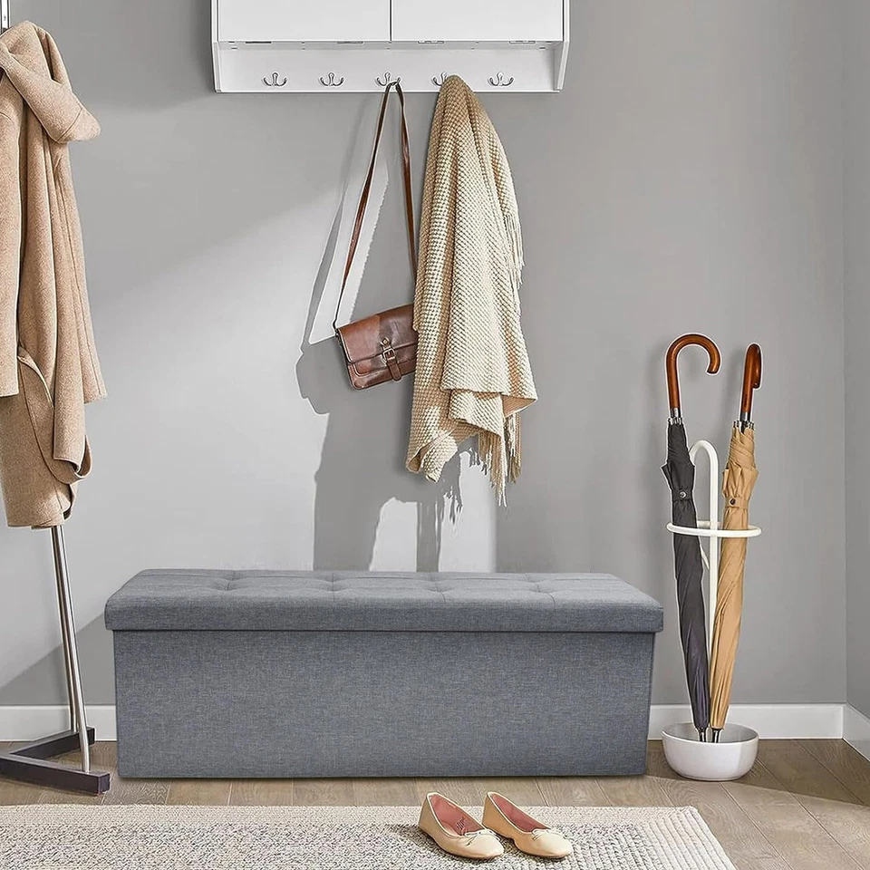 Storage Ottoman Bench Folding Chest Footrest Stool MDF Frame Lid Light Grey 43" - Image 3 of 4